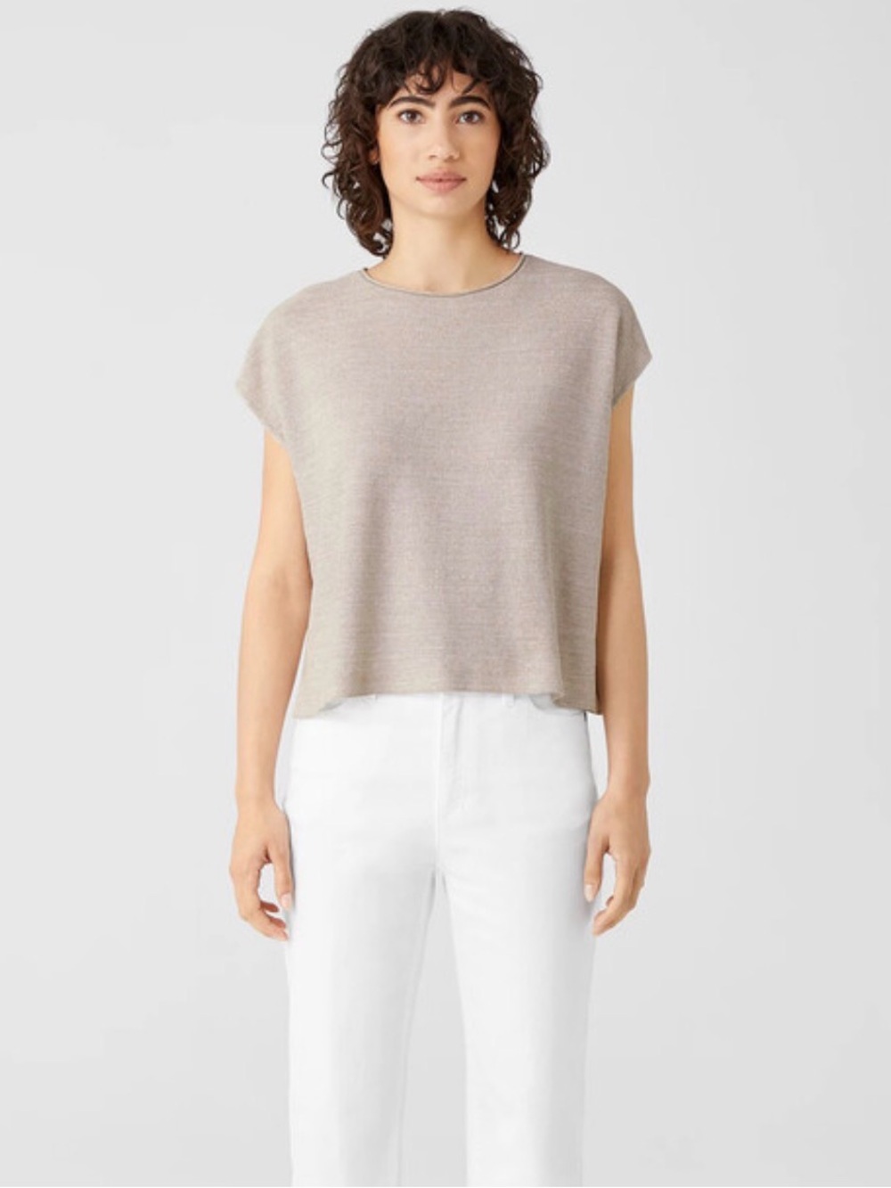 Eileen Fisher Organic Linen Cotton Seed Square Top Sz L Oatmeal Beige Natural